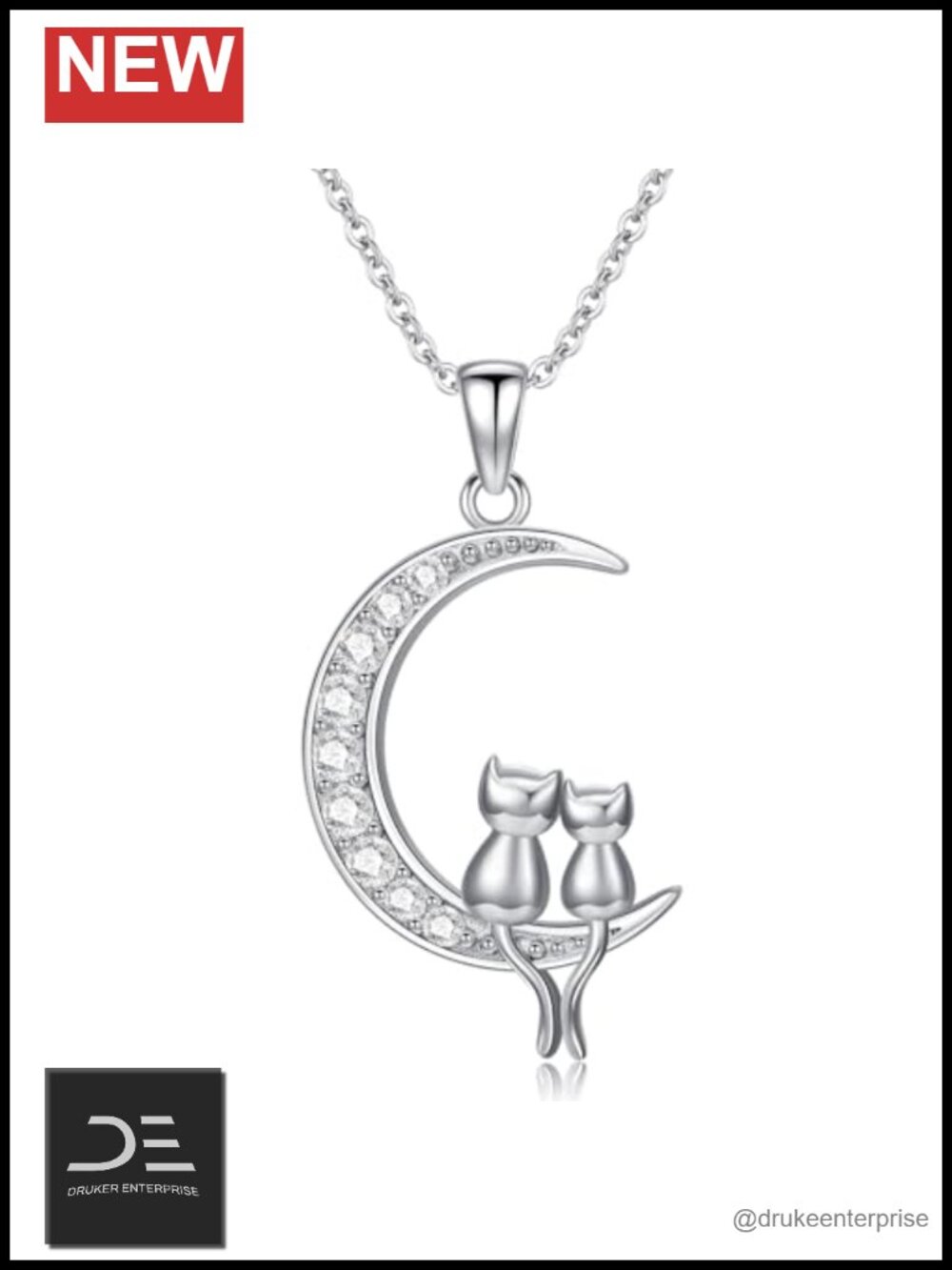 Sterling Silver Cat Moon Pendant Necklace Box Chain Cat Lover Gift